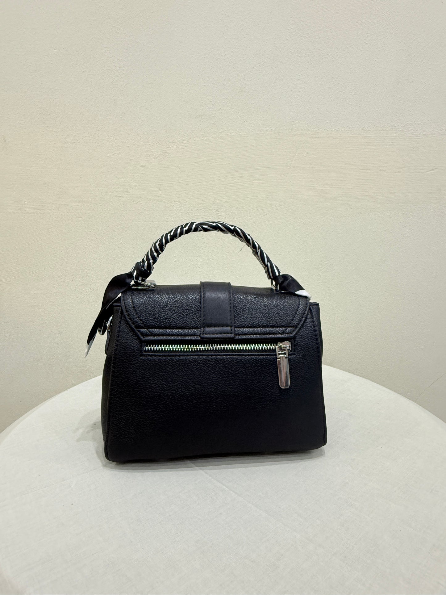 Classic Black Ladies Handbag with Braided Top Handle & Decorative Scarf Design