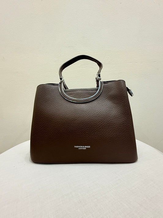 Chocolate Brown Handbag  For Women with Metal Ring Handles - Contemporary Design