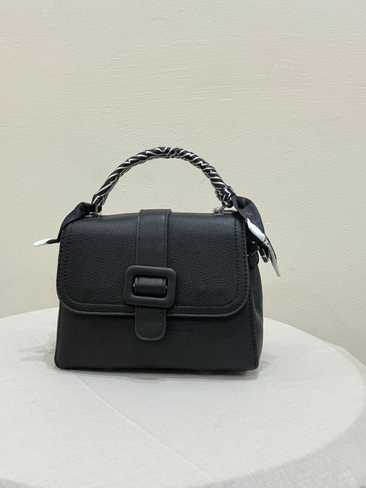 Classic Black Ladies Handbag with Braided Top Handle & Decorative Scarf Design