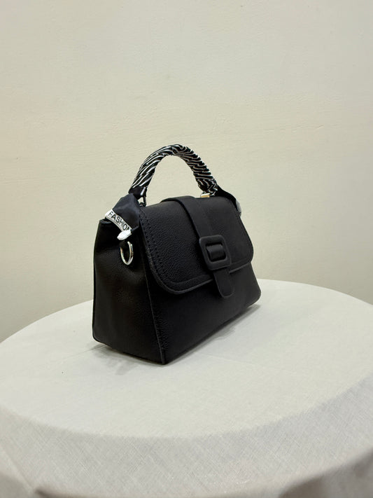 Classic Black Ladies Handbag with Braided Top Handle & Decorative Scarf Design