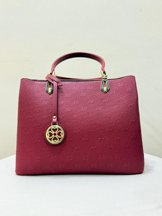 Burgundy Wine Handbag with Embossed Pattern & Gold Charm - Luxury Style Women's Bags